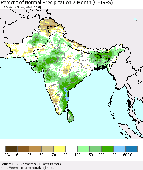 Southern Asia Percent of Normal Precipitation 2-Month (CHIRPS) Thematic Map For 1/26/2023 - 3/25/2023