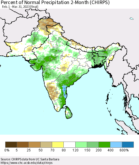 Southern Asia Percent of Normal Precipitation 2-Month (CHIRPS) Thematic Map For 2/1/2023 - 3/31/2023