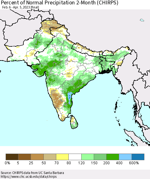 Southern Asia Percent of Normal Precipitation 2-Month (CHIRPS) Thematic Map For 2/6/2023 - 4/5/2023