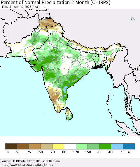 Southern Asia Percent of Normal Precipitation 2-Month (CHIRPS) Thematic Map For 2/11/2023 - 4/10/2023