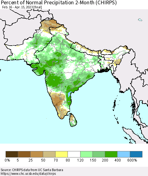 Southern Asia Percent of Normal Precipitation 2-Month (CHIRPS) Thematic Map For 2/16/2023 - 4/15/2023