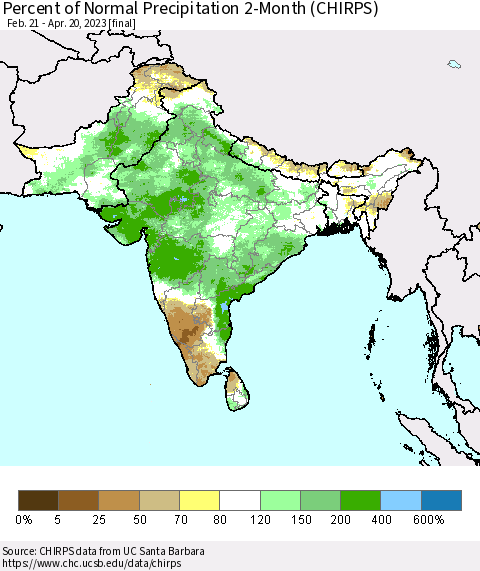 Southern Asia Percent of Normal Precipitation 2-Month (CHIRPS) Thematic Map For 2/21/2023 - 4/20/2023
