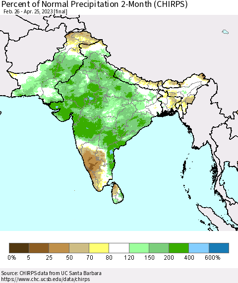 Southern Asia Percent of Normal Precipitation 2-Month (CHIRPS) Thematic Map For 2/26/2023 - 4/25/2023