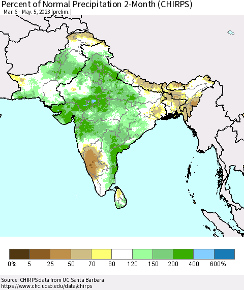 Southern Asia Percent of Normal Precipitation 2-Month (CHIRPS) Thematic Map For 3/6/2023 - 5/5/2023