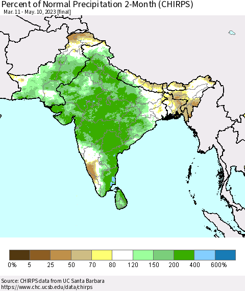 Southern Asia Percent of Normal Precipitation 2-Month (CHIRPS) Thematic Map For 3/11/2023 - 5/10/2023