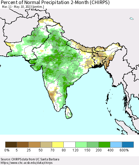 Southern Asia Percent of Normal Precipitation 2-Month (CHIRPS) Thematic Map For 3/11/2023 - 5/10/2023