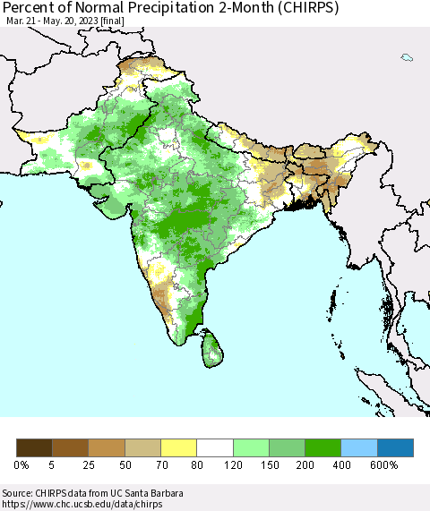 Southern Asia Percent of Normal Precipitation 2-Month (CHIRPS) Thematic Map For 3/21/2023 - 5/20/2023