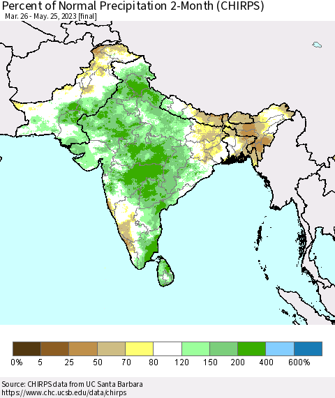 Southern Asia Percent of Normal Precipitation 2-Month (CHIRPS) Thematic Map For 3/26/2023 - 5/25/2023