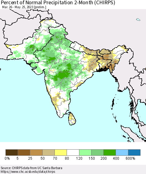 Southern Asia Percent of Normal Precipitation 2-Month (CHIRPS) Thematic Map For 3/26/2023 - 5/25/2023