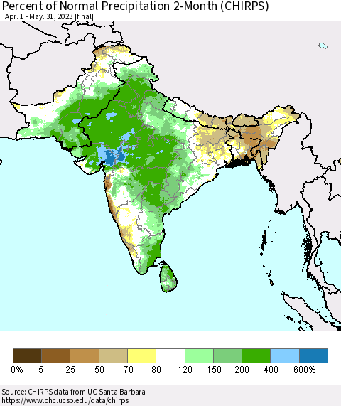 Southern Asia Percent of Normal Precipitation 2-Month (CHIRPS) Thematic Map For 4/1/2023 - 5/31/2023