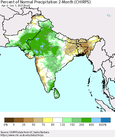 Southern Asia Percent of Normal Precipitation 2-Month (CHIRPS) Thematic Map For 4/6/2023 - 6/5/2023