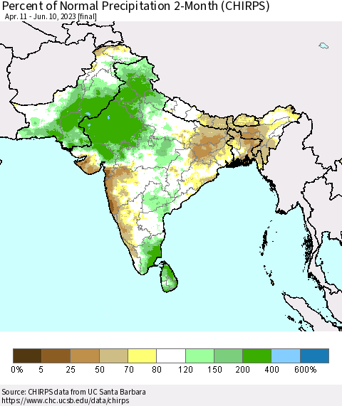 Southern Asia Percent of Normal Precipitation 2-Month (CHIRPS) Thematic Map For 4/11/2023 - 6/10/2023
