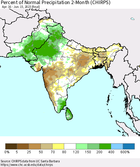 Southern Asia Percent of Normal Precipitation 2-Month (CHIRPS) Thematic Map For 4/16/2023 - 6/15/2023