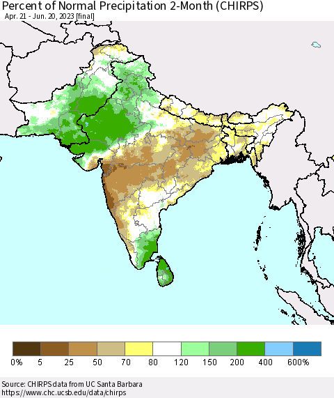 Southern Asia Percent of Normal Precipitation 2-Month (CHIRPS) Thematic Map For 4/21/2023 - 6/20/2023
