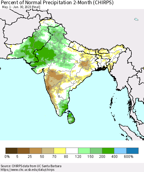 Southern Asia Percent of Normal Precipitation 2-Month (CHIRPS) Thematic Map For 5/1/2023 - 6/30/2023