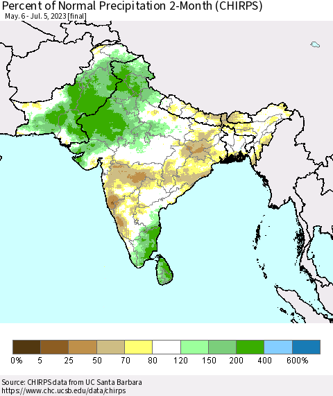 Southern Asia Percent of Normal Precipitation 2-Month (CHIRPS) Thematic Map For 5/6/2023 - 7/5/2023