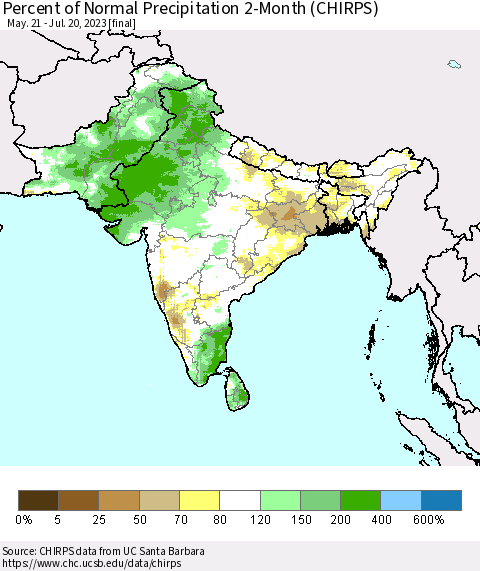 Southern Asia Percent of Normal Precipitation 2-Month (CHIRPS) Thematic Map For 5/21/2023 - 7/20/2023