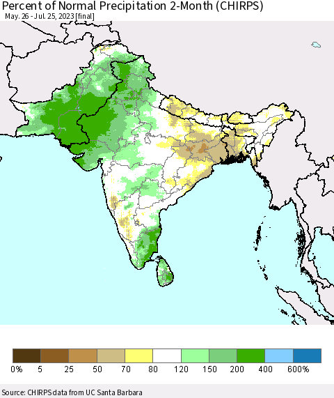 Southern Asia Percent of Normal Precipitation 2-Month (CHIRPS) Thematic Map For 5/26/2023 - 7/25/2023