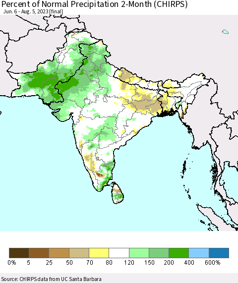 Southern Asia Percent of Normal Precipitation 2-Month (CHIRPS) Thematic Map For 6/6/2023 - 8/5/2023