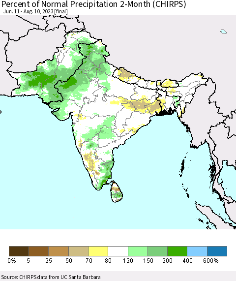 Southern Asia Percent of Normal Precipitation 2-Month (CHIRPS) Thematic Map For 6/11/2023 - 8/10/2023