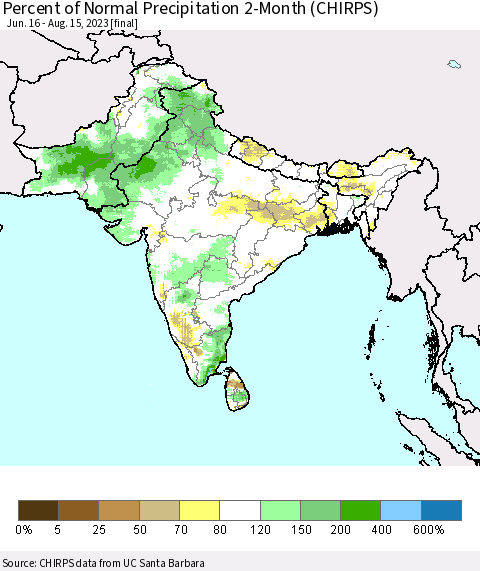 Southern Asia Percent of Normal Precipitation 2-Month (CHIRPS) Thematic Map For 6/16/2023 - 8/15/2023