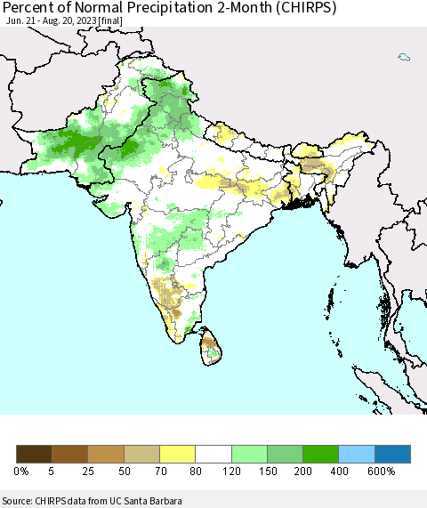 Southern Asia Percent of Normal Precipitation 2-Month (CHIRPS) Thematic Map For 6/21/2023 - 8/20/2023