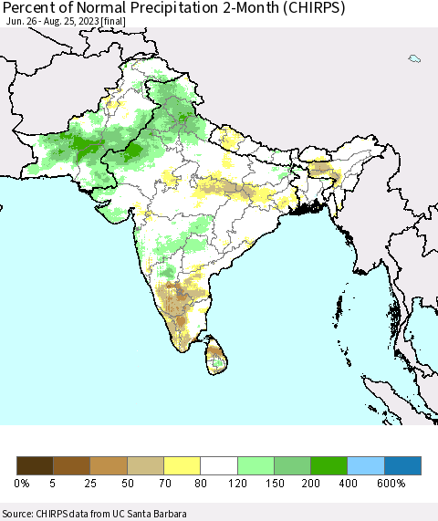 Southern Asia Percent of Normal Precipitation 2-Month (CHIRPS) Thematic Map For 6/26/2023 - 8/25/2023