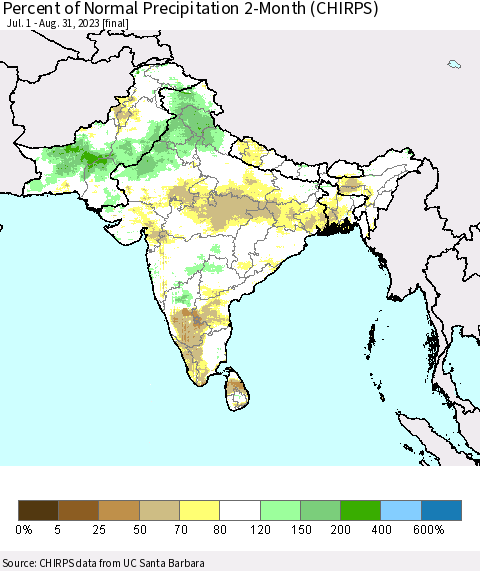 Southern Asia Percent of Normal Precipitation 2-Month (CHIRPS) Thematic Map For 7/1/2023 - 8/31/2023