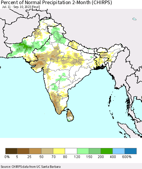 Southern Asia Percent of Normal Precipitation 2-Month (CHIRPS) Thematic Map For 7/11/2023 - 9/10/2023