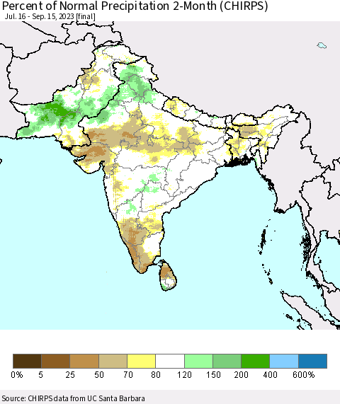 Southern Asia Percent of Normal Precipitation 2-Month (CHIRPS) Thematic Map For 7/16/2023 - 9/15/2023