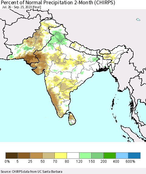 Southern Asia Percent of Normal Precipitation 2-Month (CHIRPS) Thematic Map For 7/26/2023 - 9/25/2023