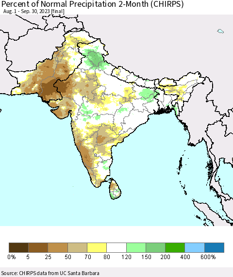 Southern Asia Percent of Normal Precipitation 2-Month (CHIRPS) Thematic Map For 8/1/2023 - 9/30/2023