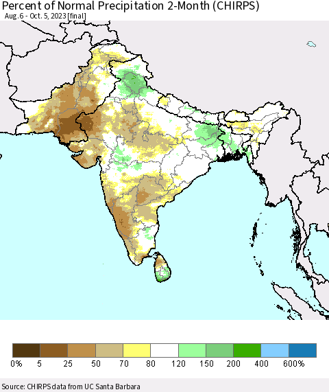 Southern Asia Percent of Normal Precipitation 2-Month (CHIRPS) Thematic Map For 8/6/2023 - 10/5/2023