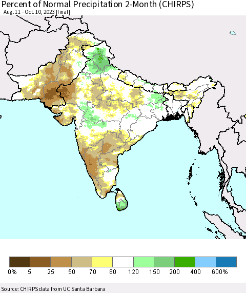Southern Asia Percent of Normal Precipitation 2-Month (CHIRPS) Thematic Map For 8/11/2023 - 10/10/2023
