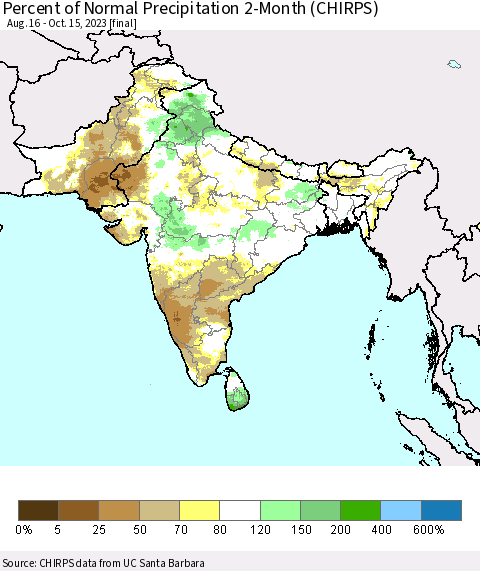 Southern Asia Percent of Normal Precipitation 2-Month (CHIRPS) Thematic Map For 8/16/2023 - 10/15/2023
