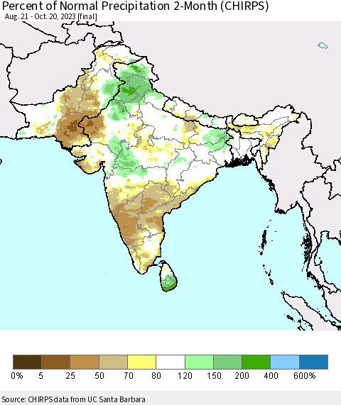 Southern Asia Percent of Normal Precipitation 2-Month (CHIRPS) Thematic Map For 8/21/2023 - 10/20/2023