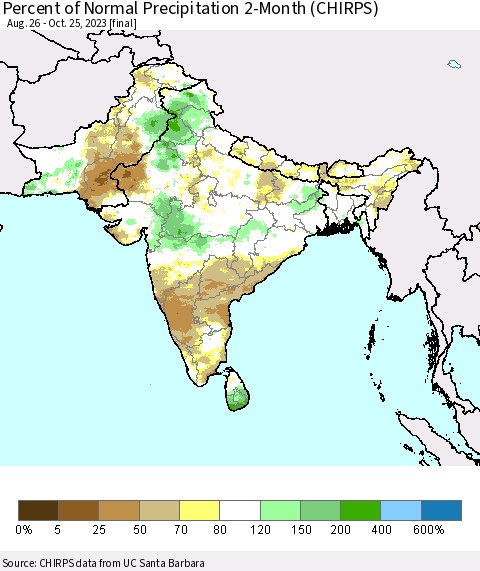 Southern Asia Percent of Normal Precipitation 2-Month (CHIRPS) Thematic Map For 8/26/2023 - 10/25/2023