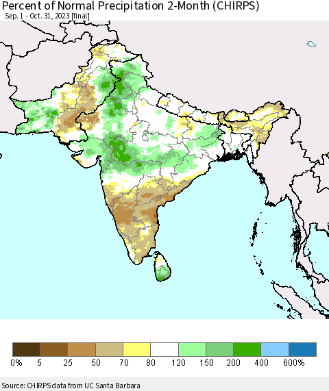 Southern Asia Percent of Normal Precipitation 2-Month (CHIRPS) Thematic Map For 9/1/2023 - 10/31/2023