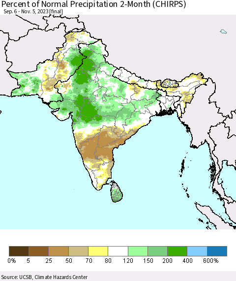 Southern Asia Percent of Normal Precipitation 2-Month (CHIRPS) Thematic Map For 9/6/2023 - 11/5/2023