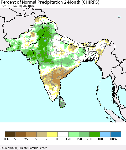Southern Asia Percent of Normal Precipitation 2-Month (CHIRPS) Thematic Map For 9/11/2023 - 11/10/2023
