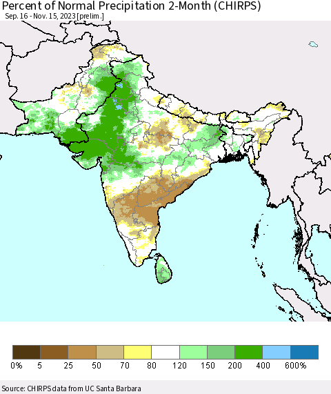 Southern Asia Percent of Normal Precipitation 2-Month (CHIRPS) Thematic Map For 9/16/2023 - 11/15/2023