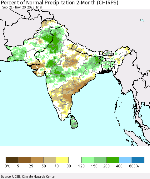 Southern Asia Percent of Normal Precipitation 2-Month (CHIRPS) Thematic Map For 9/21/2023 - 11/20/2023