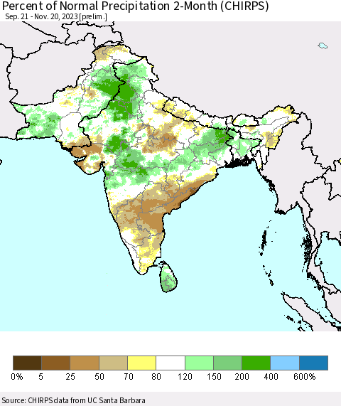 Southern Asia Percent of Normal Precipitation 2-Month (CHIRPS) Thematic Map For 9/21/2023 - 11/20/2023