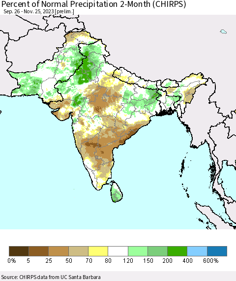 Southern Asia Percent of Normal Precipitation 2-Month (CHIRPS) Thematic Map For 9/26/2023 - 11/25/2023