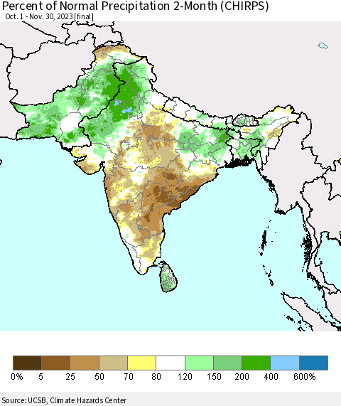 Southern Asia Percent of Normal Precipitation 2-Month (CHIRPS) Thematic Map For 10/1/2023 - 11/30/2023
