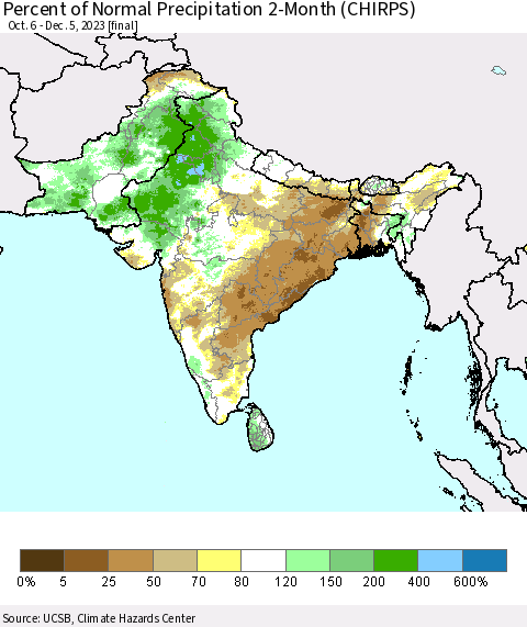 Southern Asia Percent of Normal Precipitation 2-Month (CHIRPS) Thematic Map For 10/6/2023 - 12/5/2023