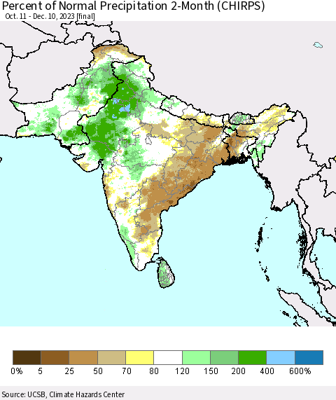 Southern Asia Percent of Normal Precipitation 2-Month (CHIRPS) Thematic Map For 10/11/2023 - 12/10/2023