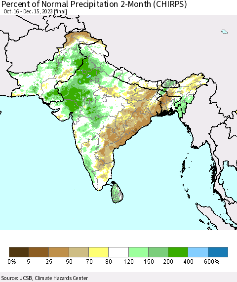 Southern Asia Percent of Normal Precipitation 2-Month (CHIRPS) Thematic Map For 10/16/2023 - 12/15/2023