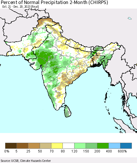 Southern Asia Percent of Normal Precipitation 2-Month (CHIRPS) Thematic Map For 10/21/2023 - 12/20/2023