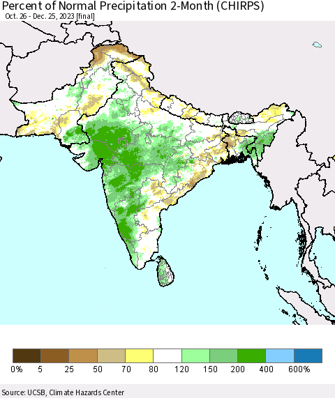 Southern Asia Percent of Normal Precipitation 2-Month (CHIRPS) Thematic Map For 10/26/2023 - 12/25/2023